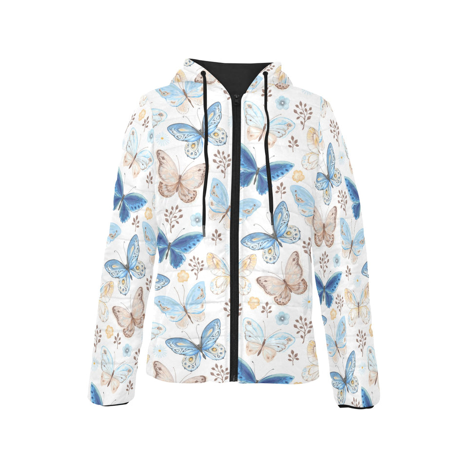 blue butterfly pattern Women's Padded Hooded Jacket