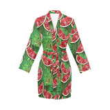 Watermelons tropical palm leaves pattern backgroun Women's Long Sleeve Belted Night Robe