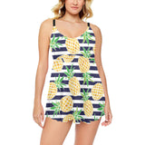 Pineapples pattern striped background Chest Sexy Pleated Two Piece Swim Dress