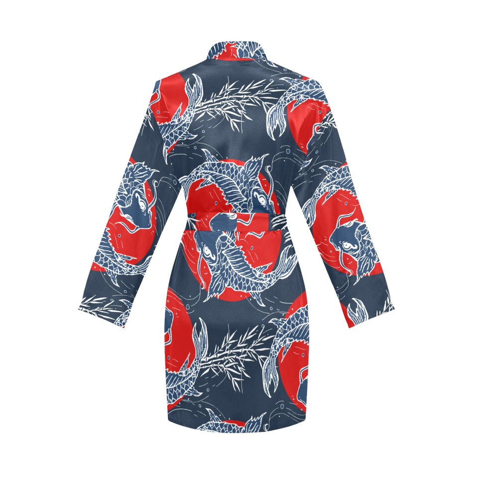 Koi Fish Carp Fishs hand drawn japanese art Women's Long Sleeve Belted Night Robe