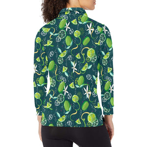 Lime ice flower pattern Women's Long Sleeve Polo Shirt
