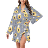 Cute hamster sunflower pattern background Women's Long Sleeve Belted Night Robe