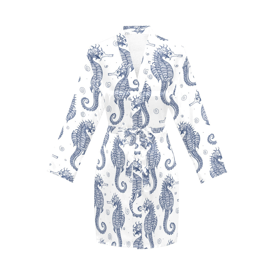 Seahorse pattern background Women's Long Sleeve Belted Night Robe