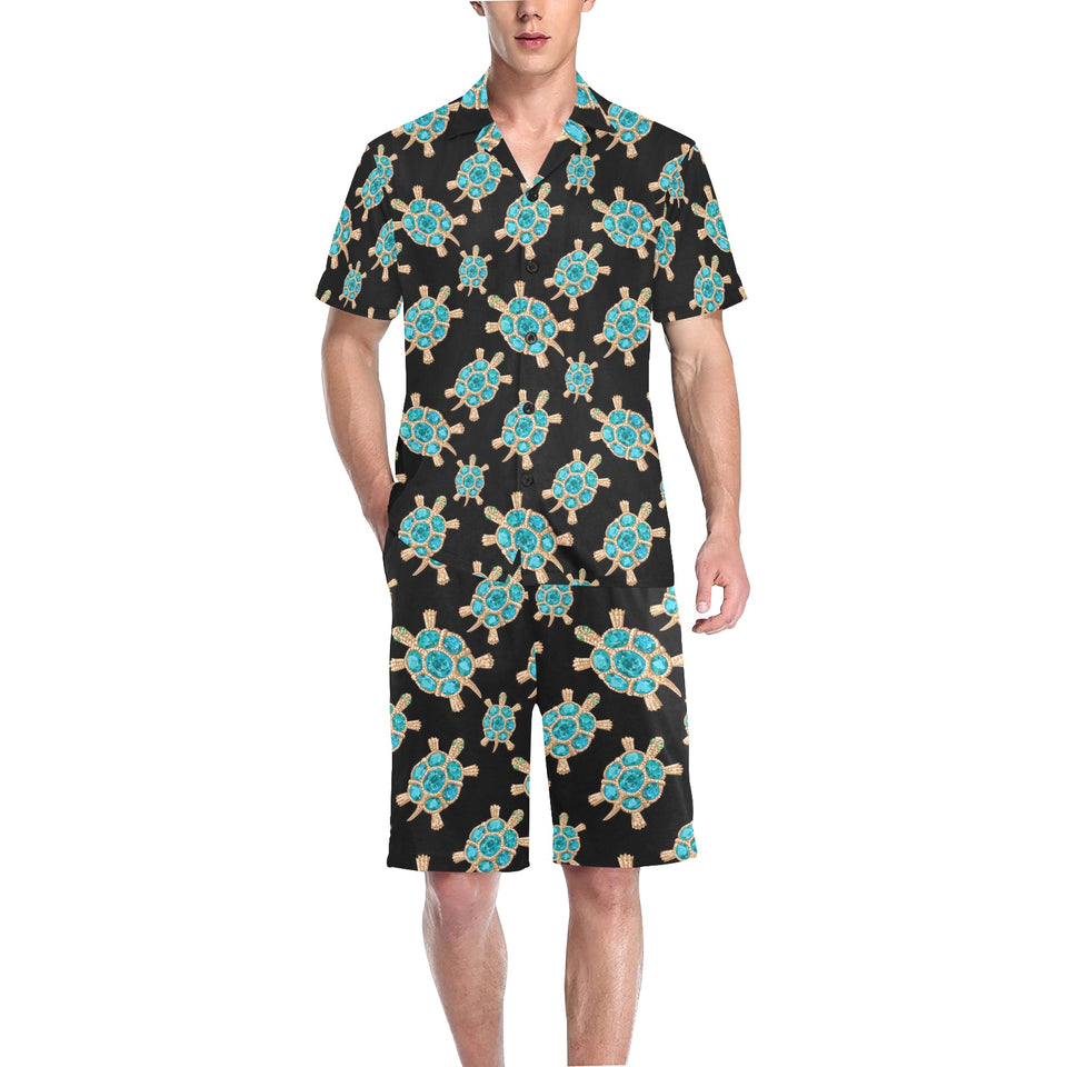 Sea turtle blue stone pattern Men's V-Neck Short Pajama Set