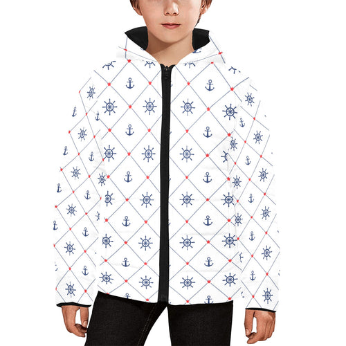 Anchor rudder nautical design pattern Kids' Boys' Girls' Padded Hooded Jacket