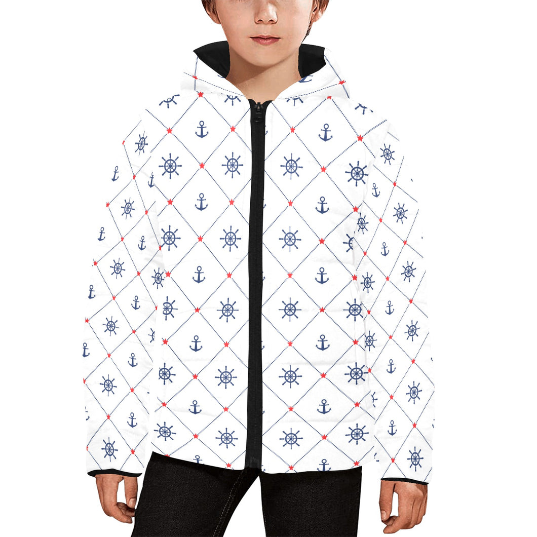 Anchor rudder nautical design pattern Kids' Boys' Girls' Padded Hooded Jacket