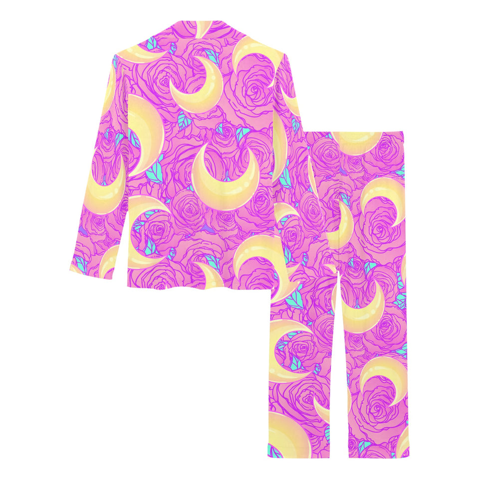 Moon pink rose background Women's Long Pajama Set