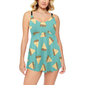 Sandwich Pattern Print Design 03 Chest Sexy Pleated Two Piece Swim Dress