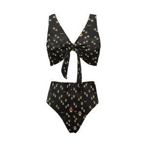 Dog Paws Pattern Print Design 05 Chest Bowknot High Waisted Bikini Swimsuit