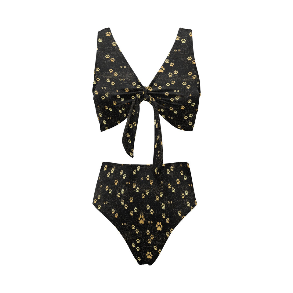 Dog Paws Pattern Print Design 05 Chest Bowknot High Waisted Bikini Swimsuit