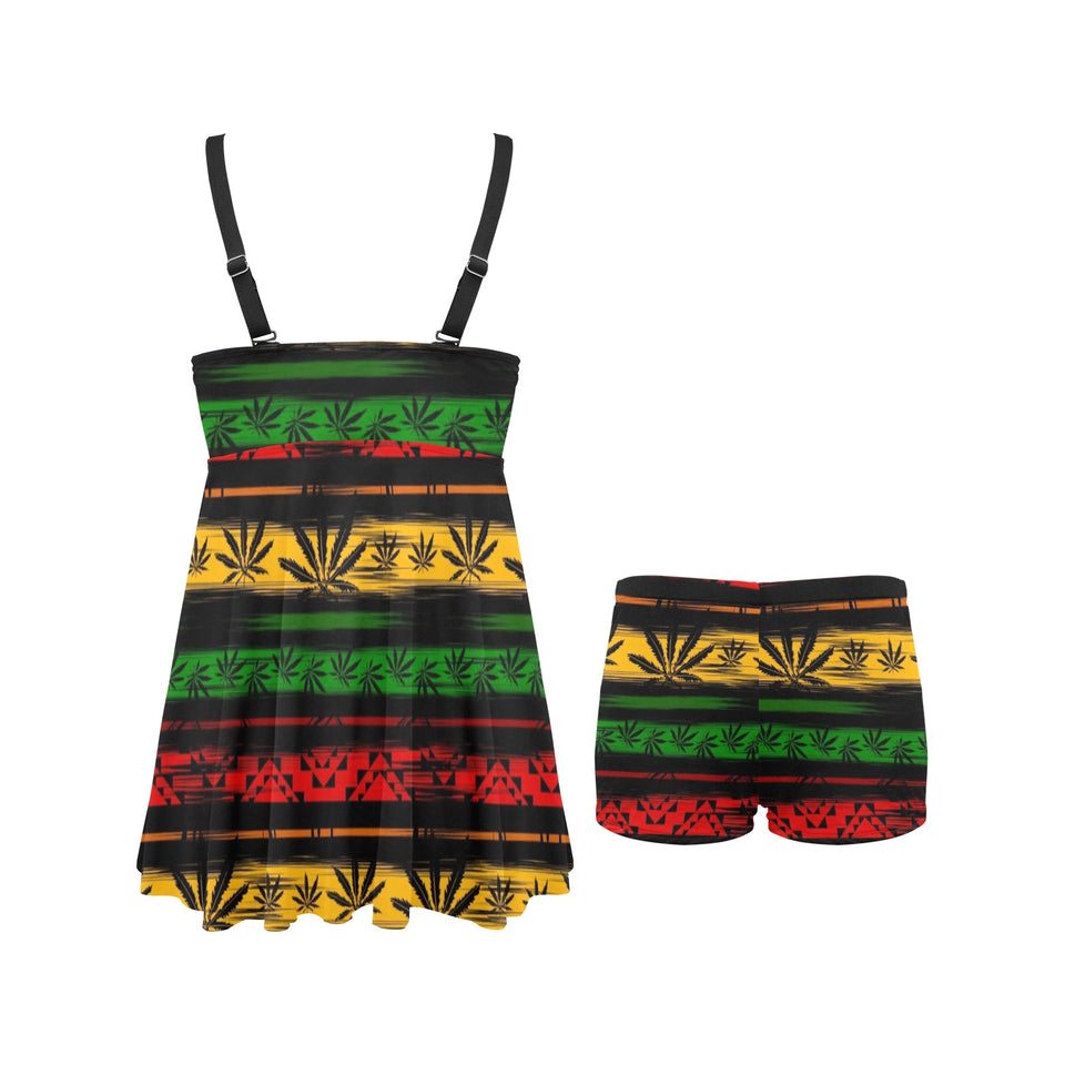 Canabis Marijuana Weed Pattern Print Design 04 Chest Sexy Pleated Two Piece Swim Dress