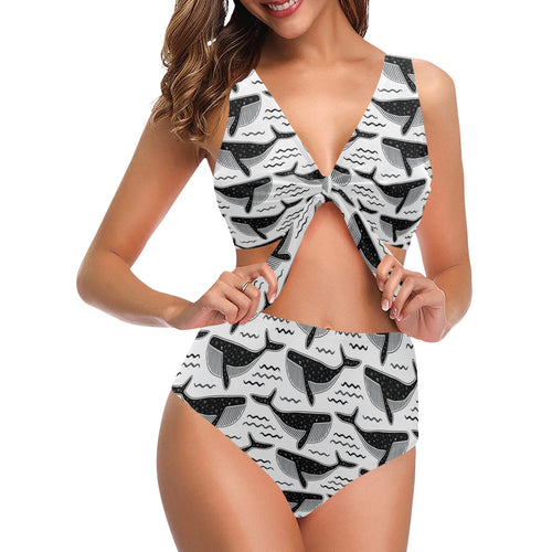 Black whale pattern Chest Bowknot High Waisted Bikini Swimsuit