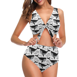 Black whale pattern Chest Bowknot High Waisted Bikini Swimsuit