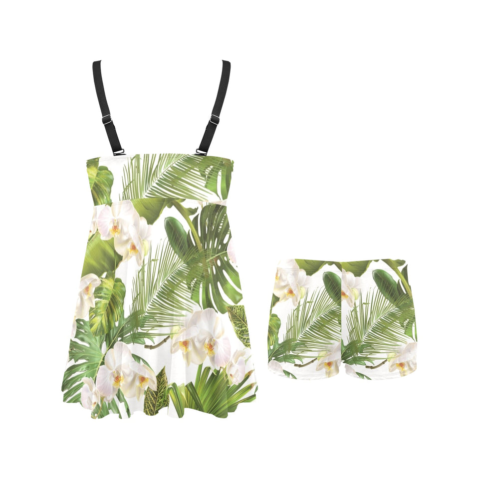 White orchid flower tropical leaves pattern Chest Sexy Pleated Two Piece Swim Dress