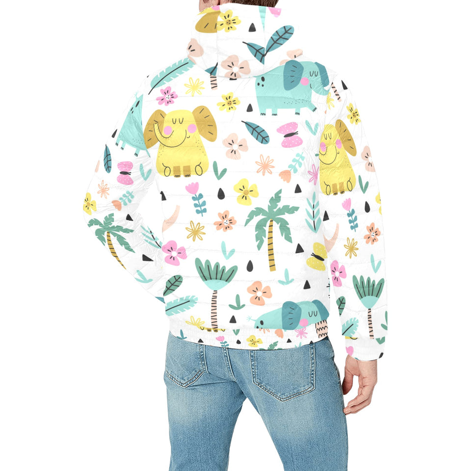 Cute elephants palm tree flower butterfly pattern Men's Padded Hooded Jacket