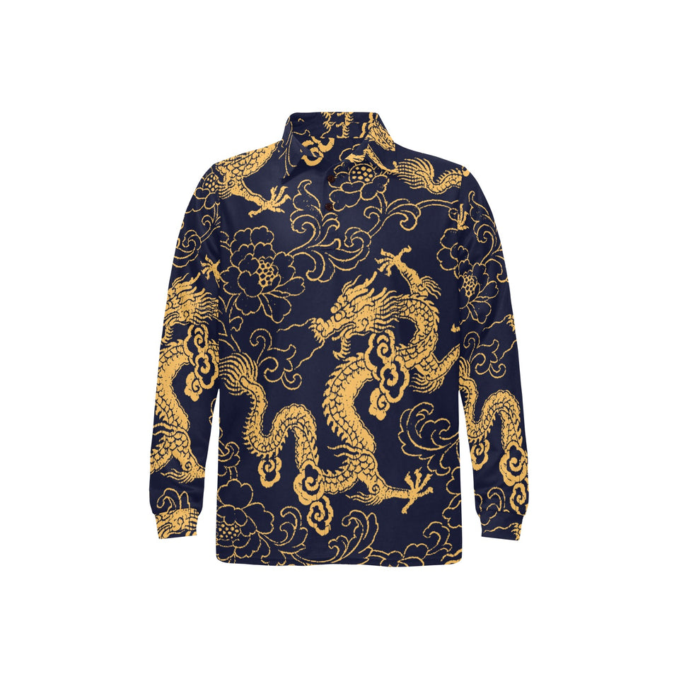 Gold dragon pattern Men's Long Sleeve Polo Shirt
