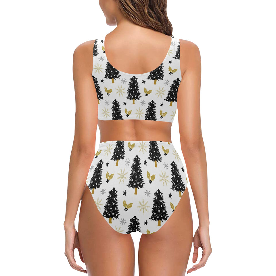 Christmas tree holly snow star pattern Chest Bowknot High Waisted Bikini Swimsuit