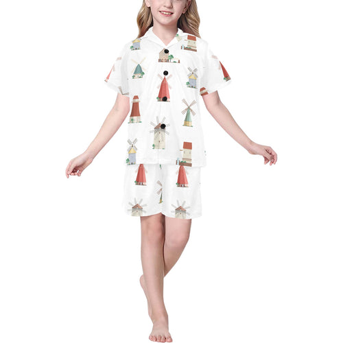 windmill design pattern Kids' Boys' Girls' V-Neck Short Pajama Set