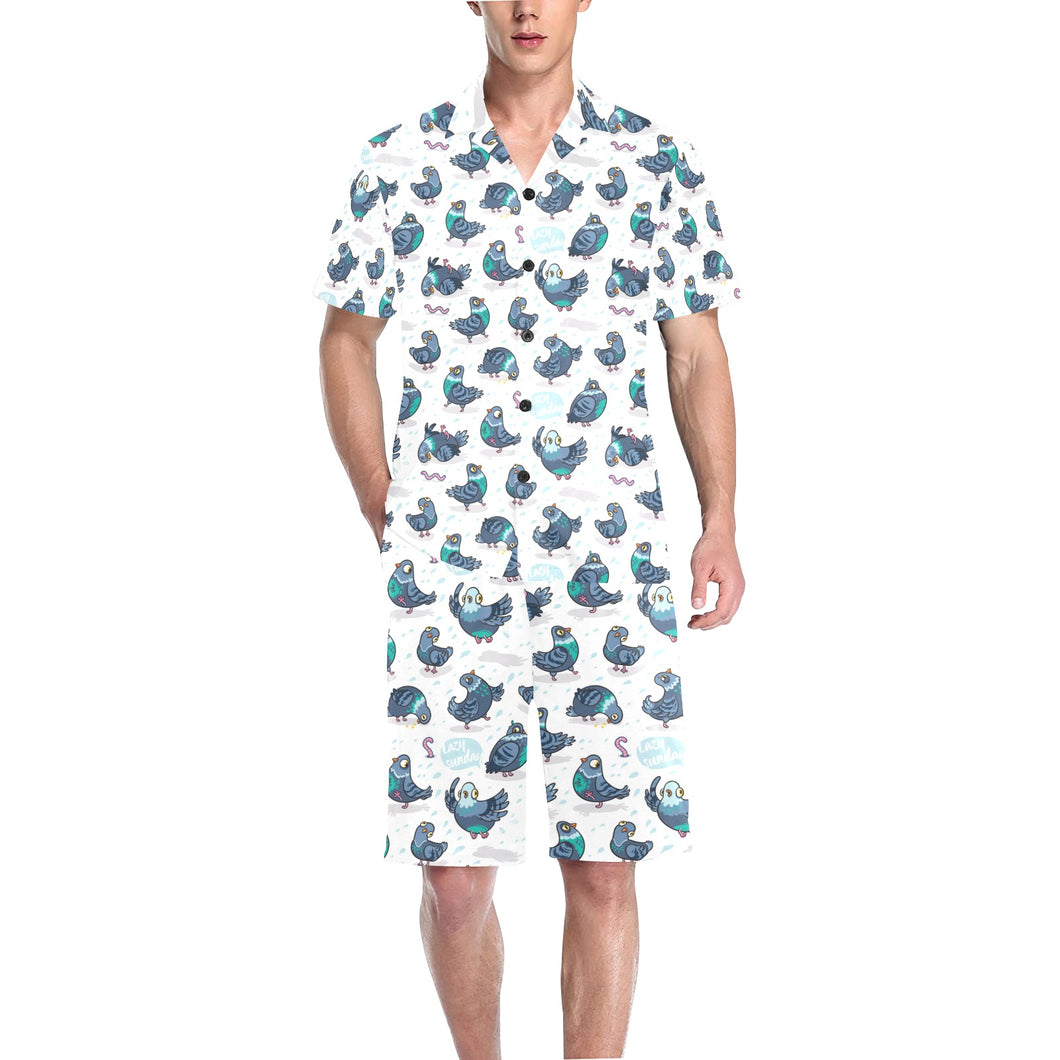 Pigeon Pattern Print Design 02 Men's V-Neck Short Pajama Set