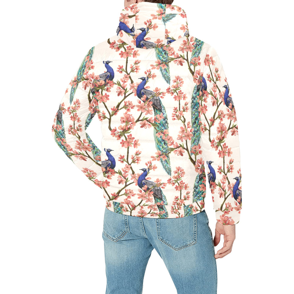 Peacock tropical flower pattern Men's Padded Hooded Jacket