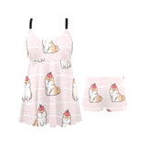 Cute Shiba Inu Dog Apple pattern Chest Sexy Pleated Two Piece Swim Dress