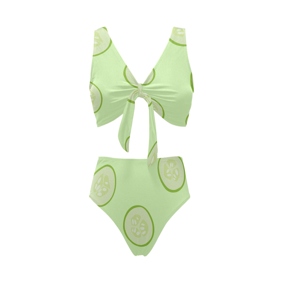 Cucumber pattern Chest Bowknot High Waisted Bikini Swimsuit