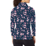 Pink sakura cherry blossom blue background Women's Long Sleeve Polo Shirt