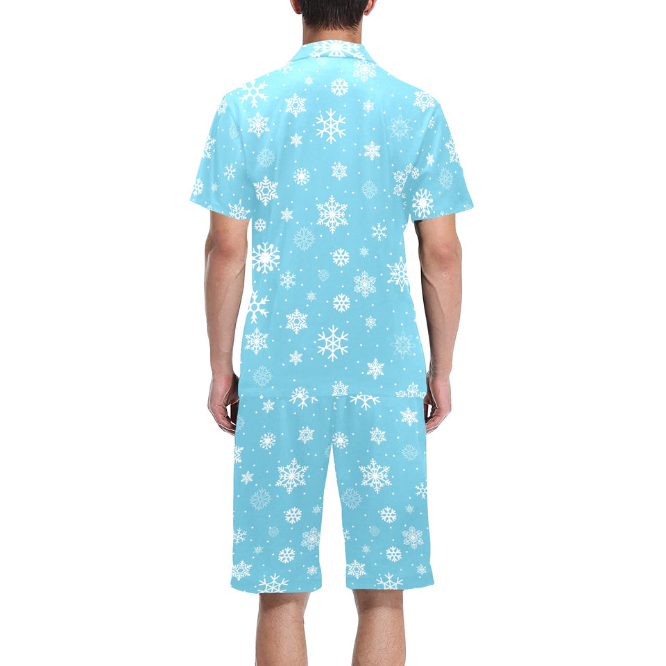 Snowflake pattern blue background Men's V-Neck Short Pajama Set