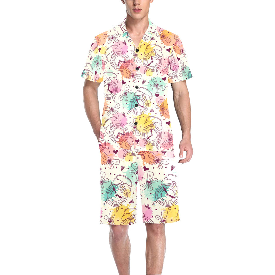 Clock butterfly pattern Men's V-Neck Short Pajama Set