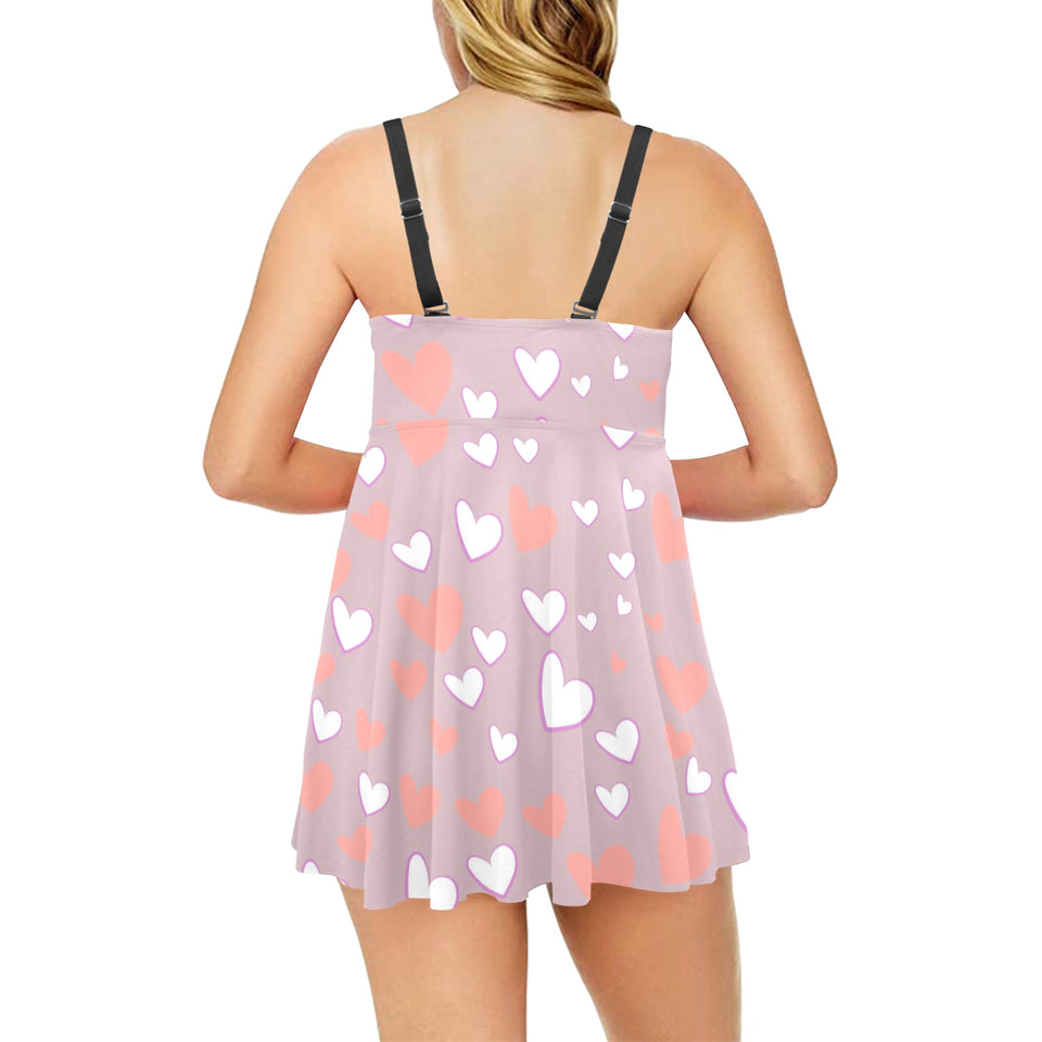 coral white heart pattern Chest Sexy Pleated Two Piece Swim Dress