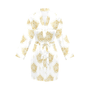 Gold Ornamental lotue waterlily symbol pattern Women's Long Sleeve Belted Night Robe