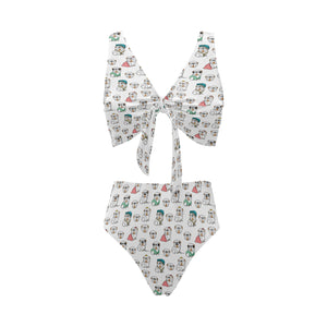 English Bulldog Pattern Print Design 03 Chest Bowknot High Waisted Bikini Swimsuit