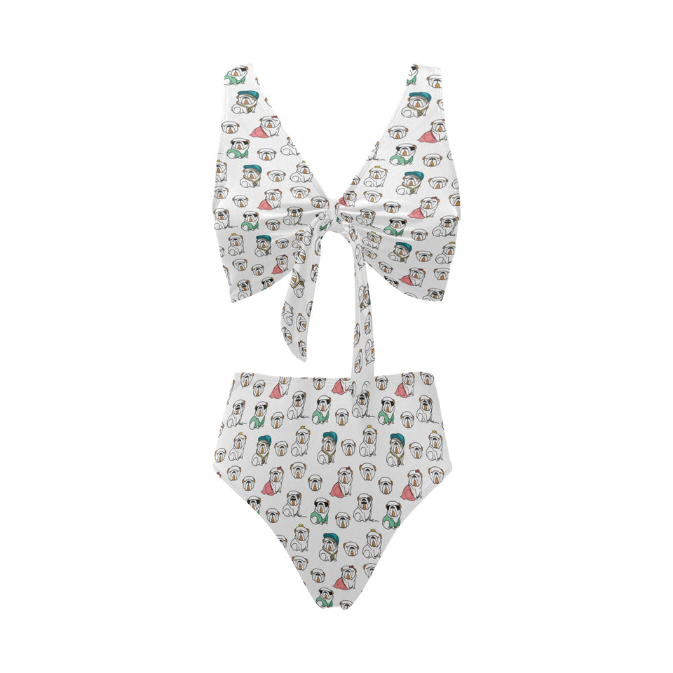 English Bulldog Pattern Print Design 03 Chest Bowknot High Waisted Bikini Swimsuit
