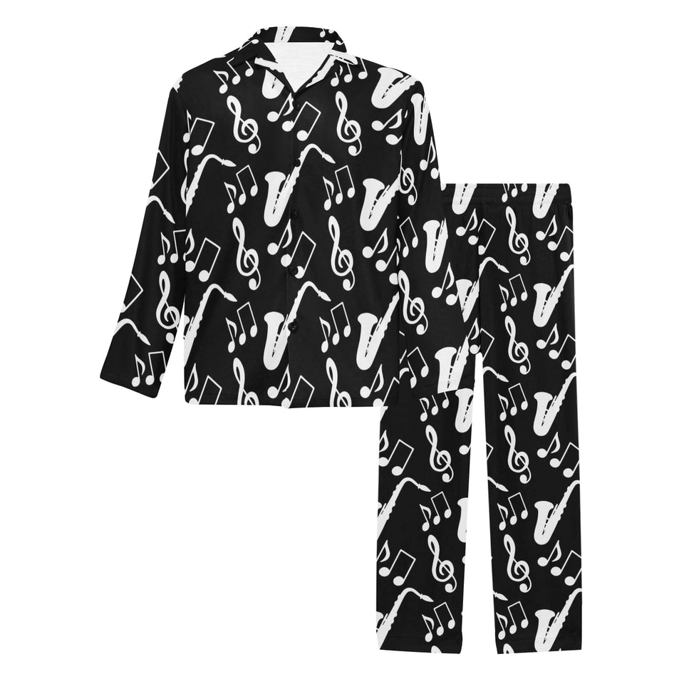 Saxophone music notes treble clef black white them Men's Long Pajama Set