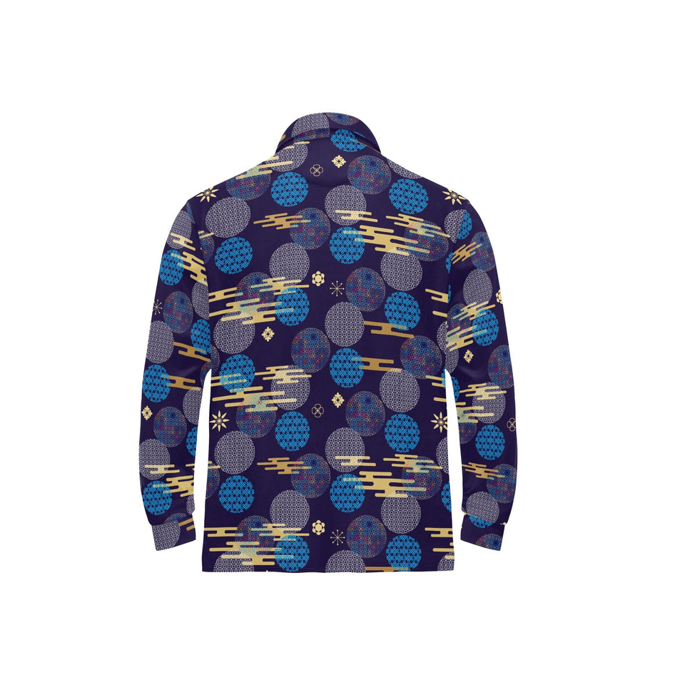 Blue japanese pattern cloud wave flower Men's Long Sleeve Polo Shirt