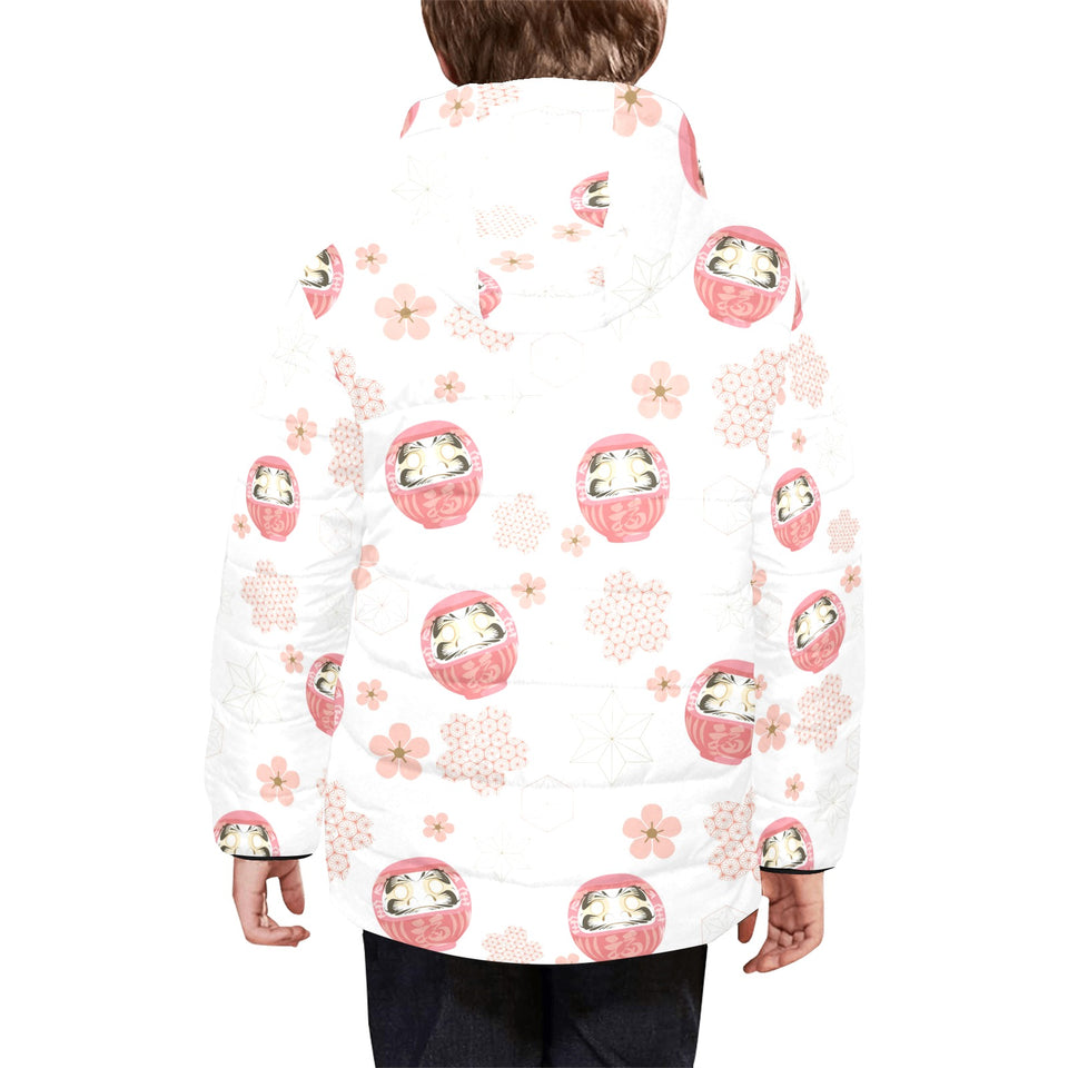 Daruma japanese wooden doll cherry blossom flower Kids' Boys' Girls' Padded Hooded Jacket