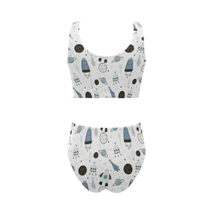 Hand drawn space elements space rocket star planet Chest Bowknot High Waisted Bikini Swimsuit