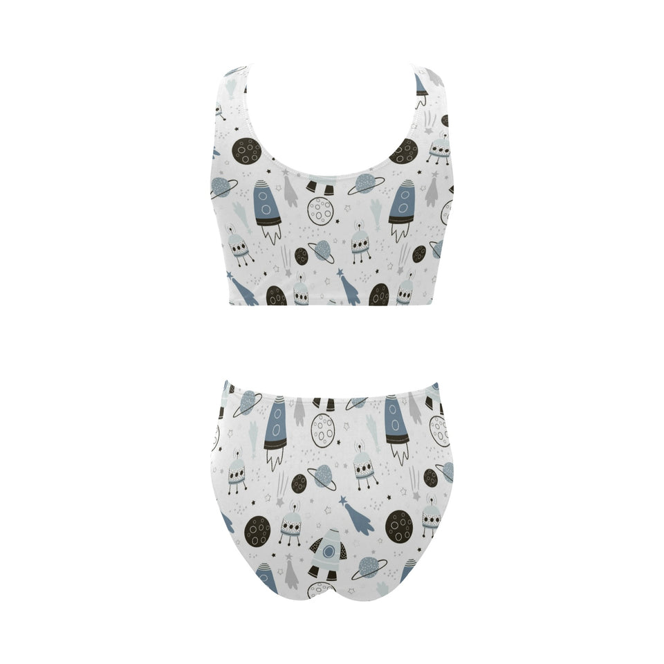 Hand drawn space elements space rocket star planet Chest Bowknot High Waisted Bikini Swimsuit