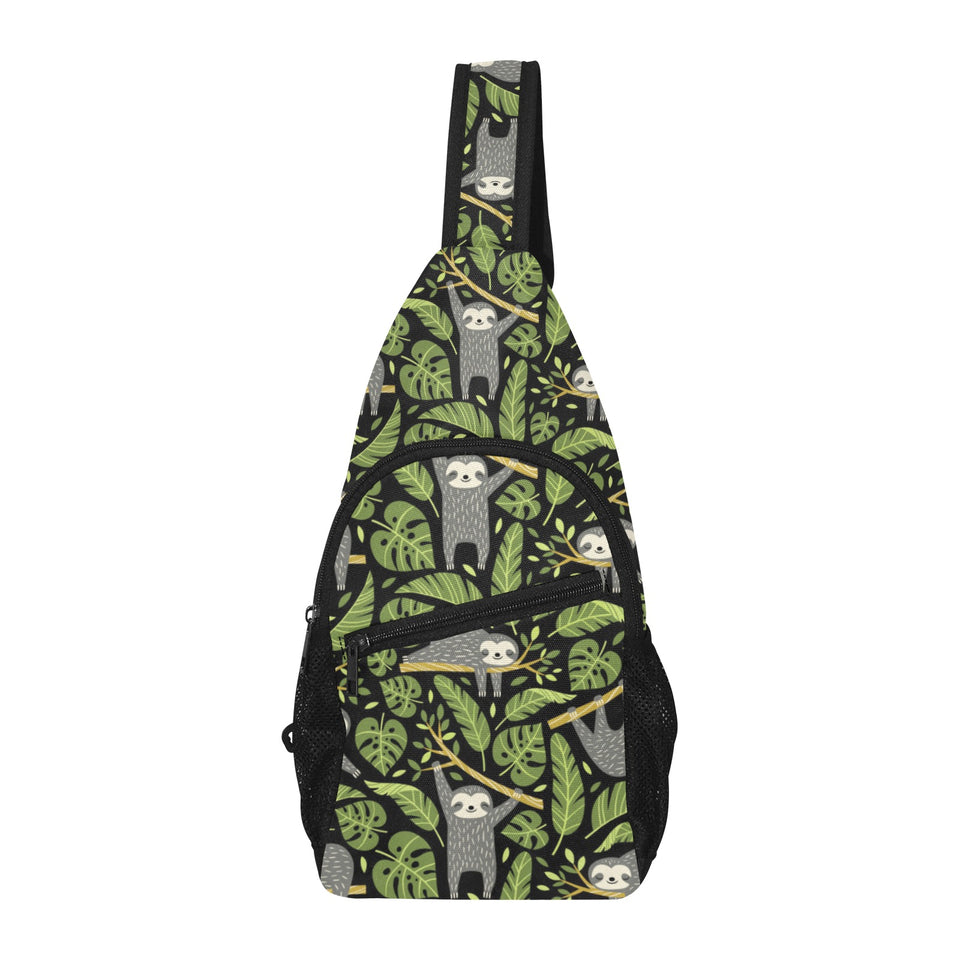 Cute sloths tropical palm leaves black background All Over Print Chest Bag