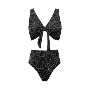 Spider web pattern Black background white cobweb Chest Bowknot High Waisted Bikini Swimsuit