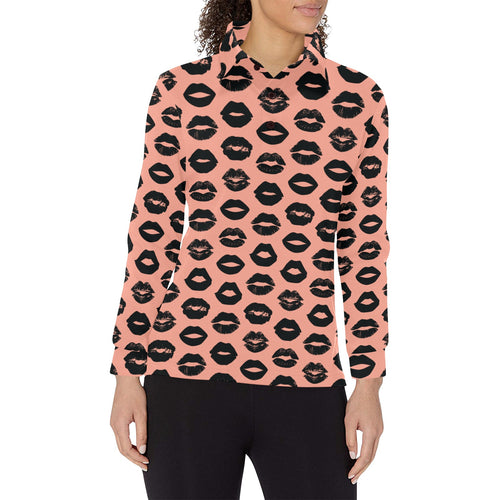 Lips Pattern Print Design 02 Women's Long Sleeve Polo Shirt