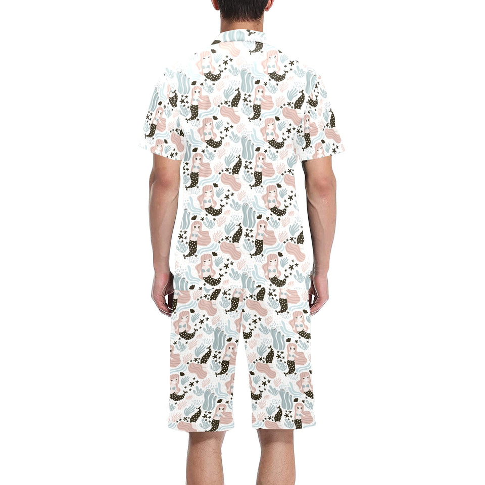 cute mermaid pattern Men's V-Neck Short Pajama Set