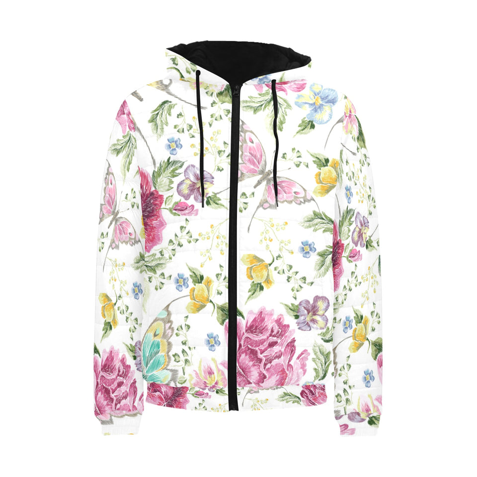 Hand drawn butterfly rose Men's Padded Hooded Jacket