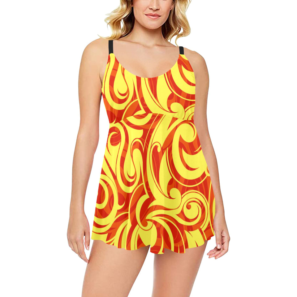 Fire flame design pattern Chest Sexy Pleated Two Piece Swim Dress