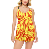 Fire flame design pattern Chest Sexy Pleated Two Piece Swim Dress