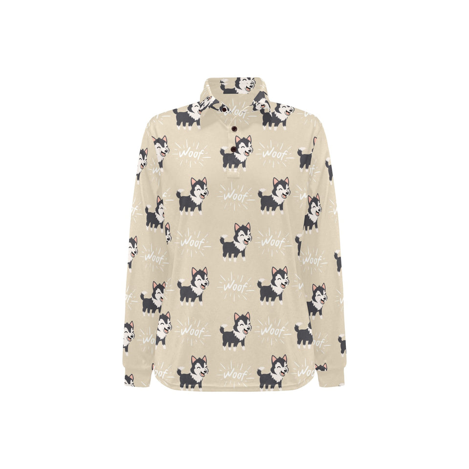 Cute Siberian Husky Women's Long Sleeve Polo Shirt