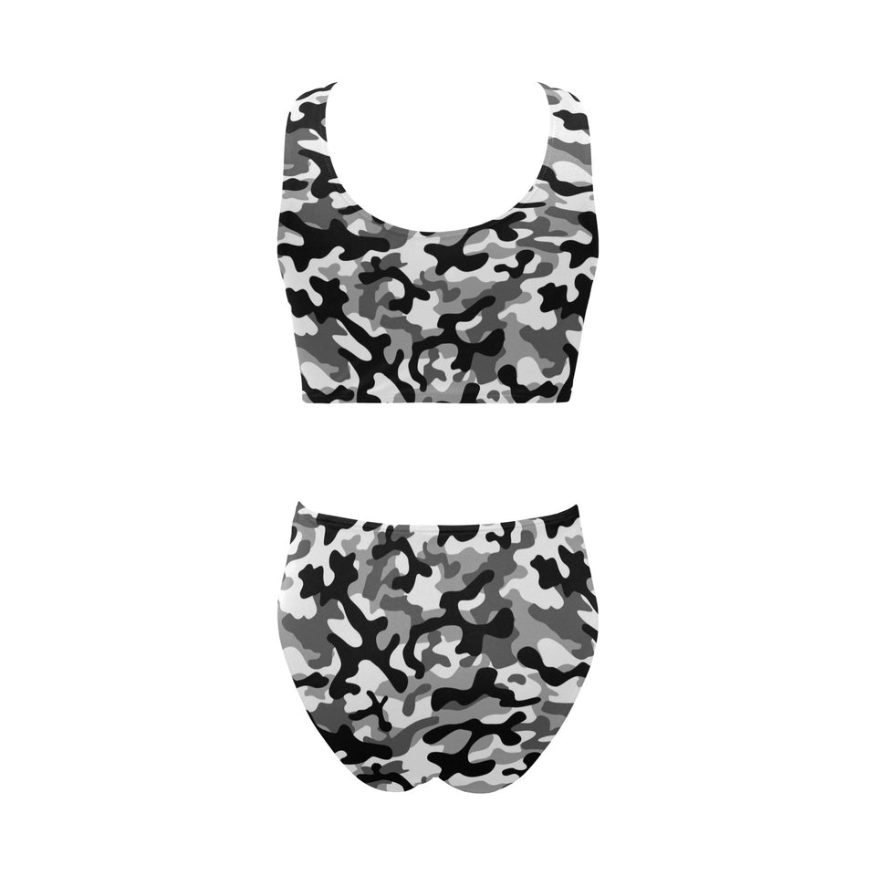 Black white camouflage pattern Chest Bowknot High Waisted Bikini Swimsuit