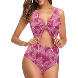 Beautiful dragonfly pink background Chest Bowknot High Waisted Bikini Swimsuit