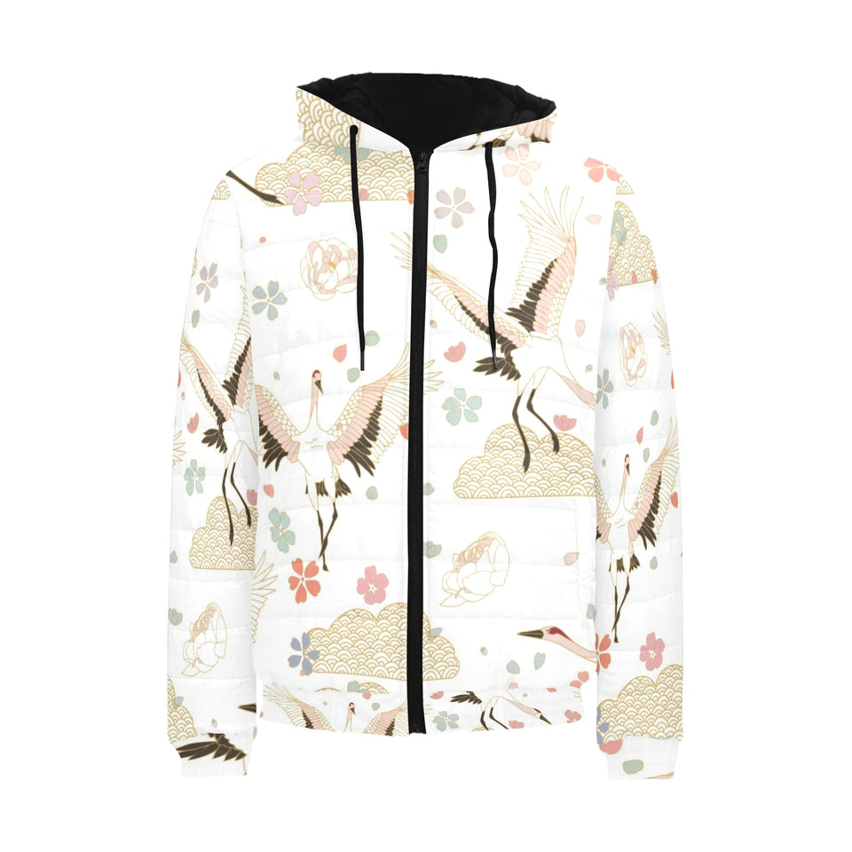 Beautiful Japanese cranes pattern Men's Padded Hooded Jacket