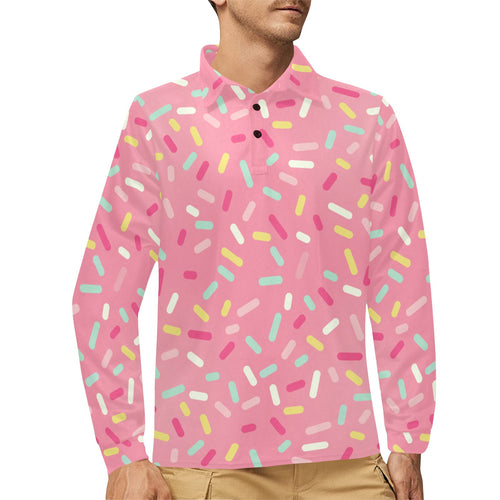 Pink donut glaze candy pattern Men's Long Sleeve Polo Shirt